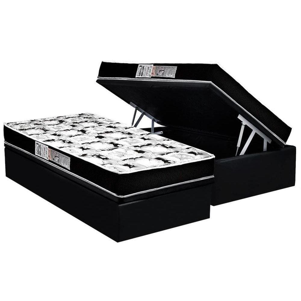 Cama Box Baú Solteiro: Colchão Espuma Luckspuma D23 Roland Garros Pro + Base CRC Suede Black(88x188)