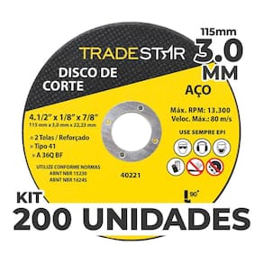 Kit Com 200 Disco De Corte Metal 115X3,0 Mm Furo 22/23 Mm