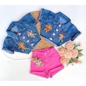 Conjunto menina short e cropped jeans ursinho