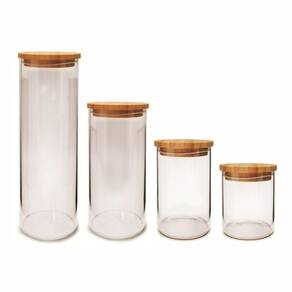 Kit Pote Vidro Com Tampa Hermética De Bambu Eco 4 peças - Yoi