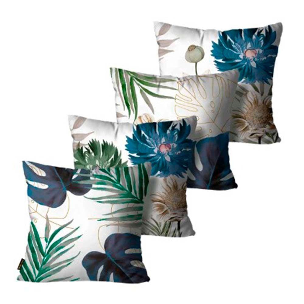 Kit com 4 Capas de Almofadas Decorativas Floral Verde e Azul - 45x45