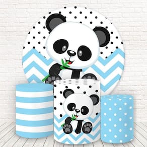Painel Redondo E Capas Tecido Sublimado Panda Azul Fkpc-791