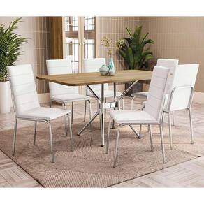 conjunto de mesa retangular com tampo marrom e 6 cadeiras mariel revestimento sintético branco e cromado