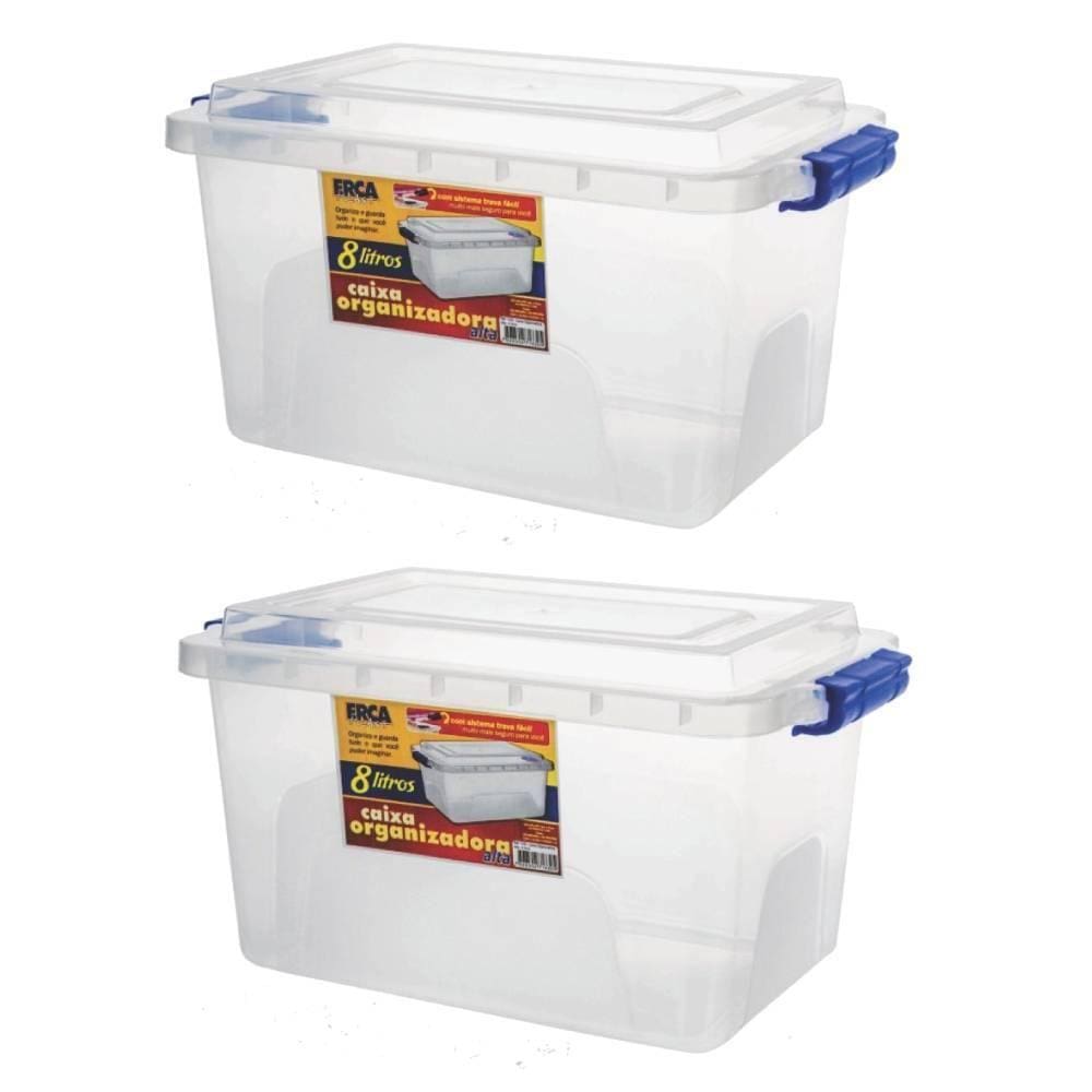 Kit 2 Caixas Organizadora Alta Tampa E Trava Transparente 8L
