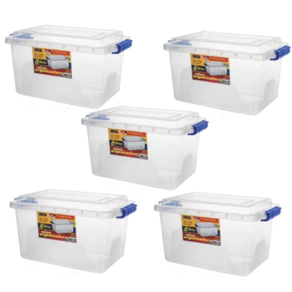 Kit 5 Caixas Organizadora Alta Tampa E Trava Transparente 8L