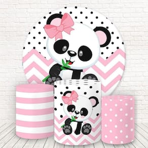 Painel Redondo E Capas Tecido Sublimado Panda Rosa Fkpc-790