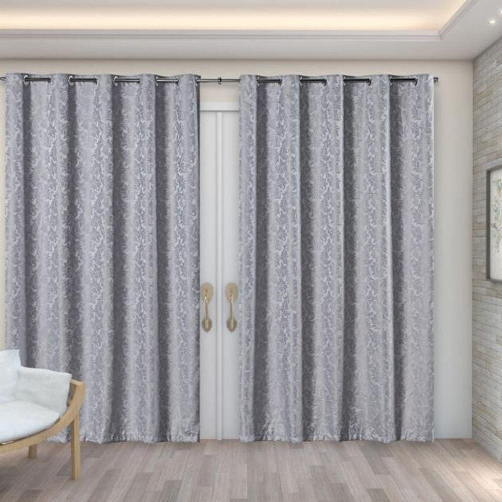 Cortina Sala Tecido Jacquard Cinza Semi Blackout 4,00X2,50