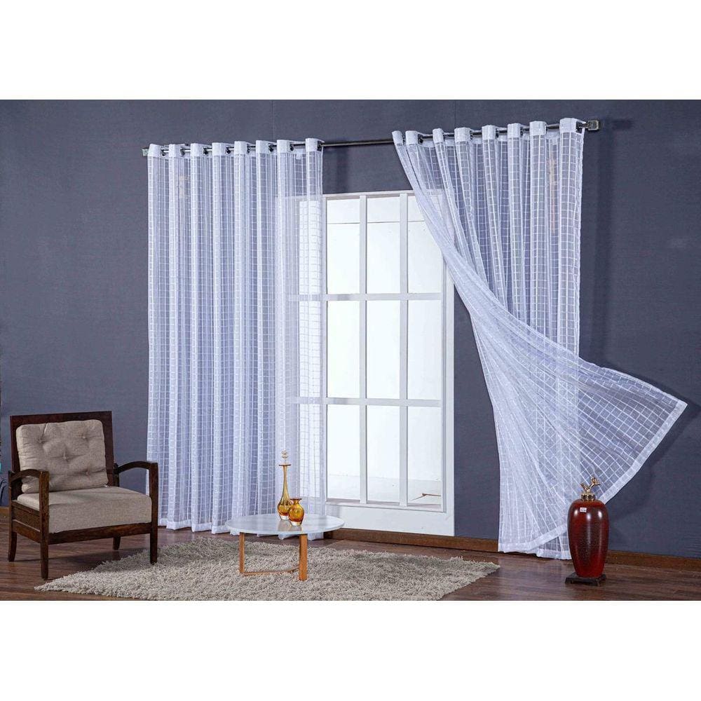 Cortina Voal Quadriculado Branco Sala Quarto 2,00X1,70M