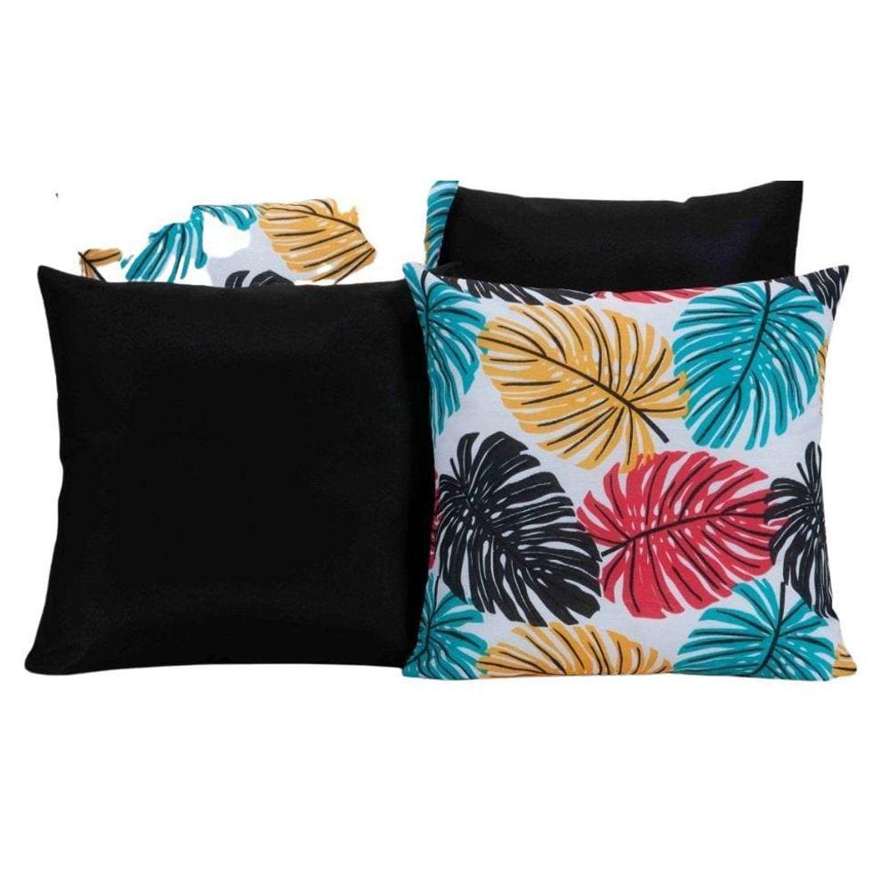 Kit 4 Almofadas Para Sofá Estampa Preto Com Folhas Coloridas