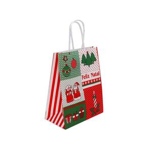 Kit 10 Sacola Papel Karft Presente Feliz Natal 23,5X10X31,5