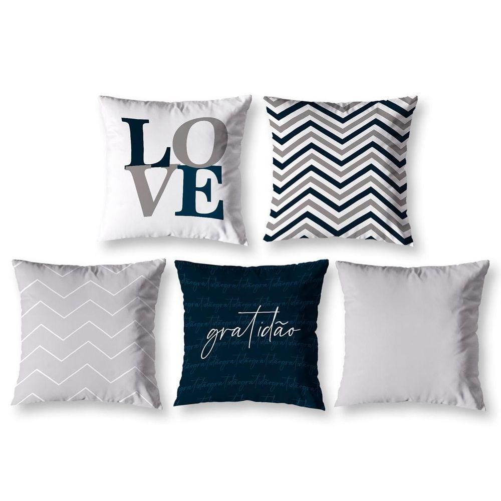 Kit 5 Almofadas Cheias 40Cm X 40Cm Estampadas Chevron Cinza