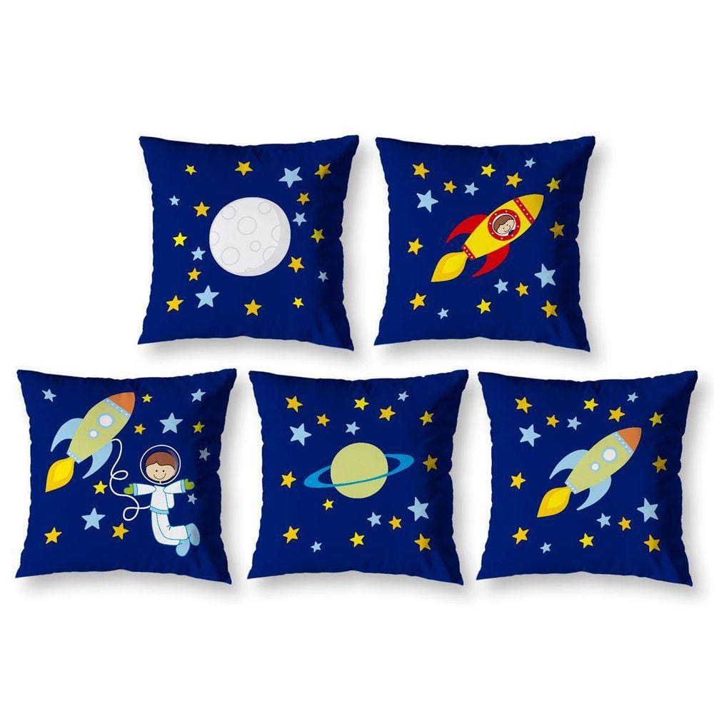 Kit 5 Almofadas Cheias Infantil 40Cm X 40Cm Zíper Astronauta