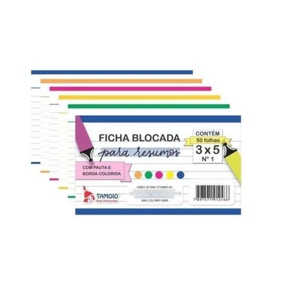 Ficha Pautada Coloridas 3X5 Blocada Para Resumo 50 Folhas