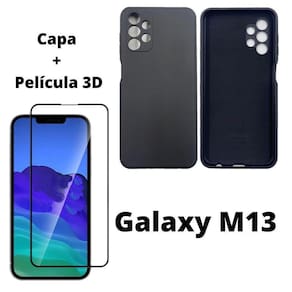 Case Veludo Preto Compatível Galaxy M13+ Pelicula Vidro 3D