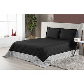 Kit Colcha Vitória Casal Queen Preto Babado Estampado 3 Pçs
