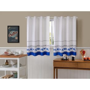 Cortina De Cozinha Tecido Linhão 4,00M X 1,40M Floral Azul