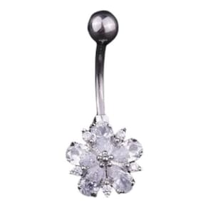 Piercing De Umbigo Prata Flor Zirconia Pequeno Aço 316