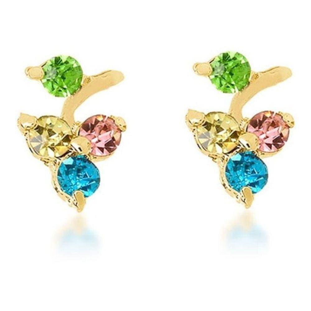 Brinco Infantil Folheado Ouro Uva Strass Colorido - Dourado