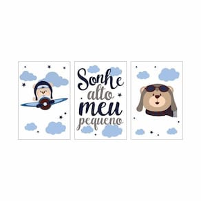 Kit 03 Quadros 30X20 Quarto De Bebê Branco Avião Sem Moldura