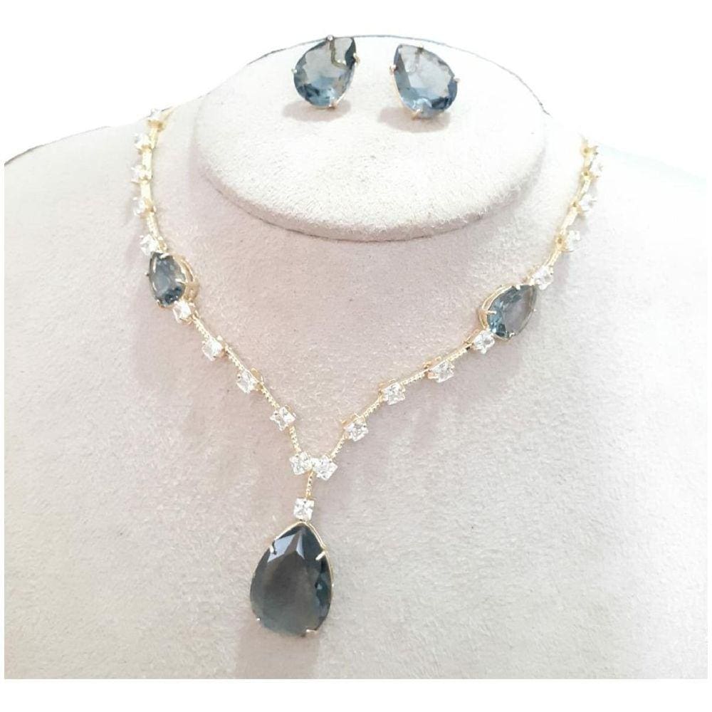 Conjunto Colar E Brinco Gota Preto Fumê Pedra Zirconia Festa