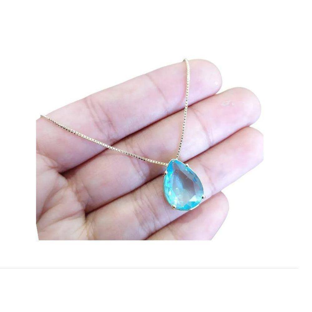 Colar Gota Pedra Zirconia Azul F Ouro 18K Dourado