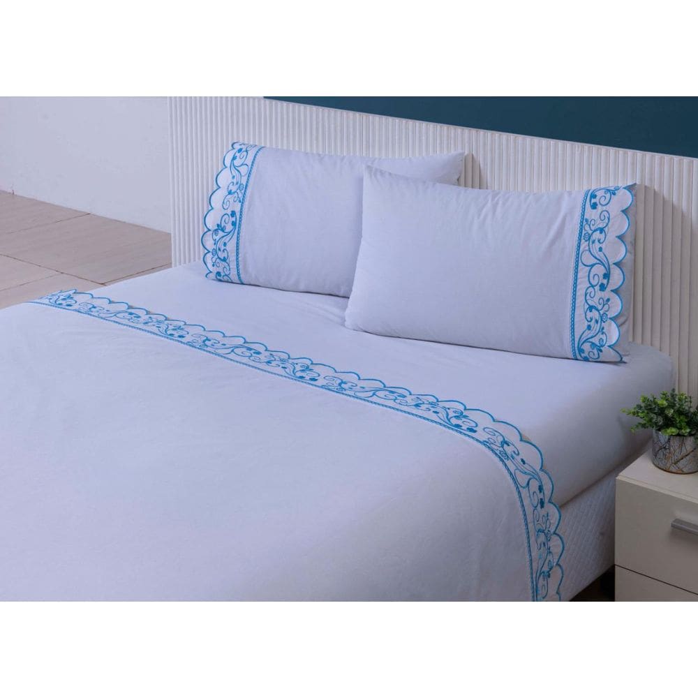Jogo Lençol 4Peças Cama Viúva Percal Bordado Branco Com Azul
