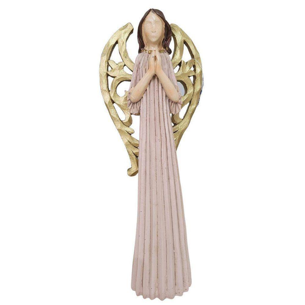 Resina Natal Anjo Rosa Dourado 25,8Cm