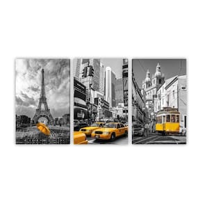 Kit 3 Quadros Tela Decorativa Paris Nova York Táxi 100X60Cm