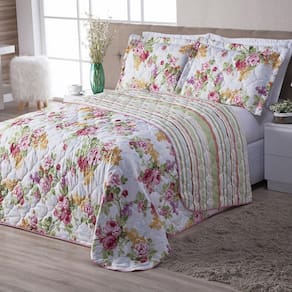 Kit Colcha Cobre Leito Queen 3 Pçs Aurora Bouquet Flores