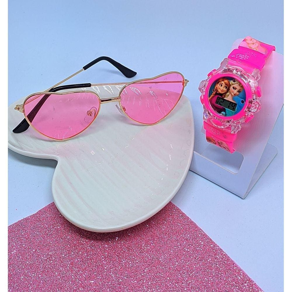 Kit Relógio Infantil Digital Pisca Luz Led Princesa Disney Meninas Barbie Frozen Óculos de Sol Coração Aço Flexivel