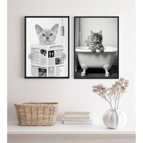 Kit 2 Quadros Decorar Banheiro- Gatos 45X34Cm - Com Vidro