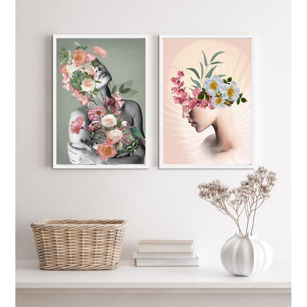 Kit 2 Quadros Para Sala Cinza E Rosa Mulheres Flores 33X24Cm