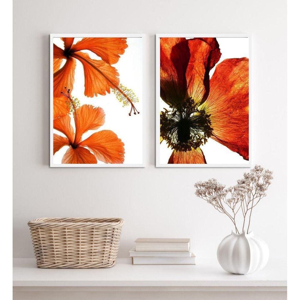 Kit 2 Quadros Flores Modernas Alaranjadas 24X18Cm - Vidro