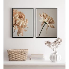 Kit 2 Quadros Decorativos Florais Bege E Cinza 24X18Cm Vidro