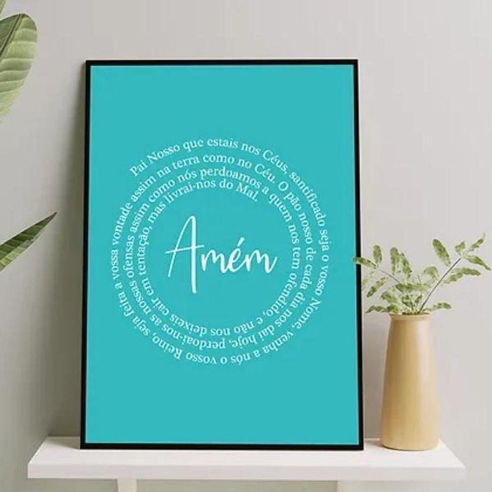 Quadro Oração Pai Nosso Fundo Azul 33X24Cm - Com Vidro