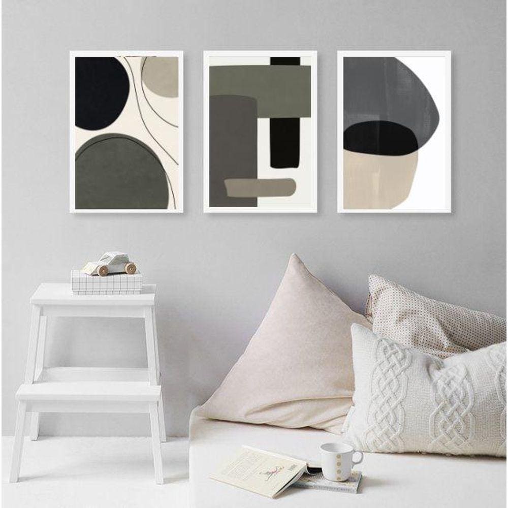 Kit 3 Quadros Modernos Abstratos Tons Cinza E Preto 45X34Cm