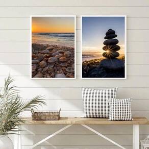 Kit 2 Quadros Decorativos Praia Pedras E Conchas 24X18Cm