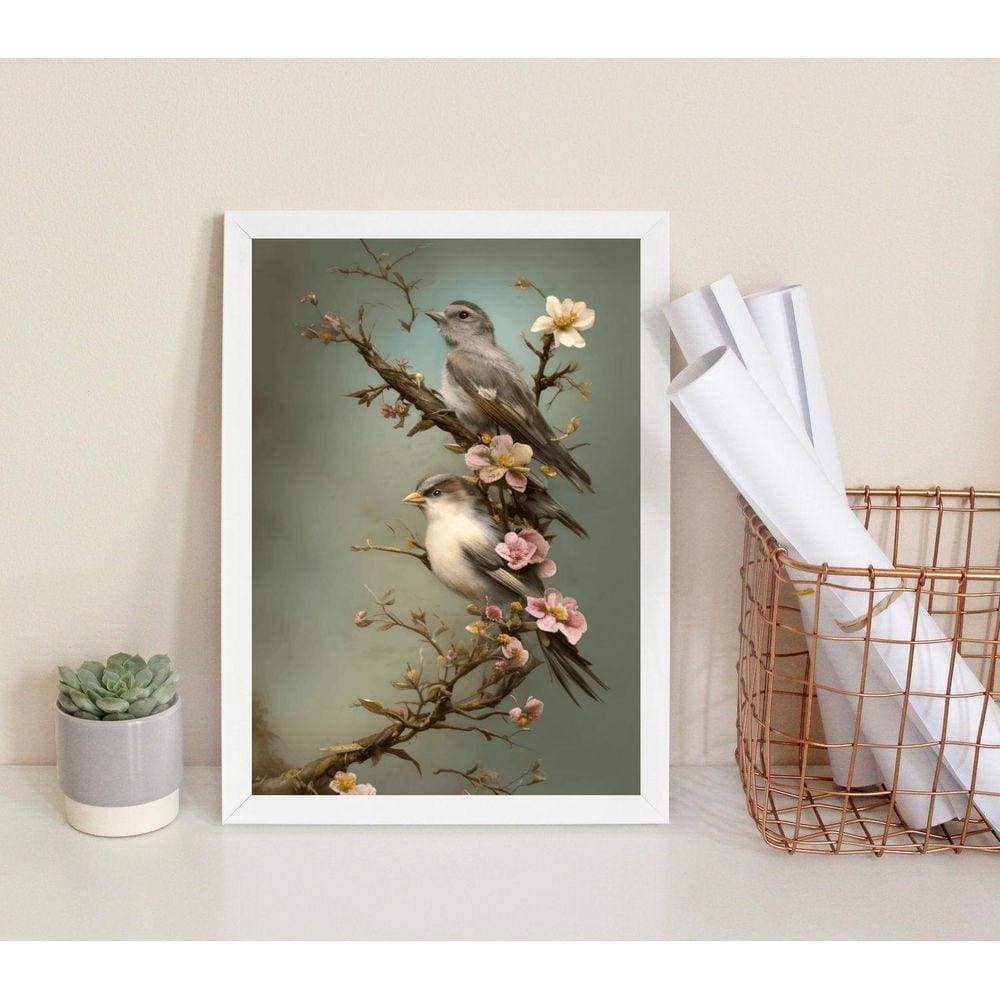 Quadro Decorativo Passarinhos Flores Cerejeira 45X34Cm Vidro