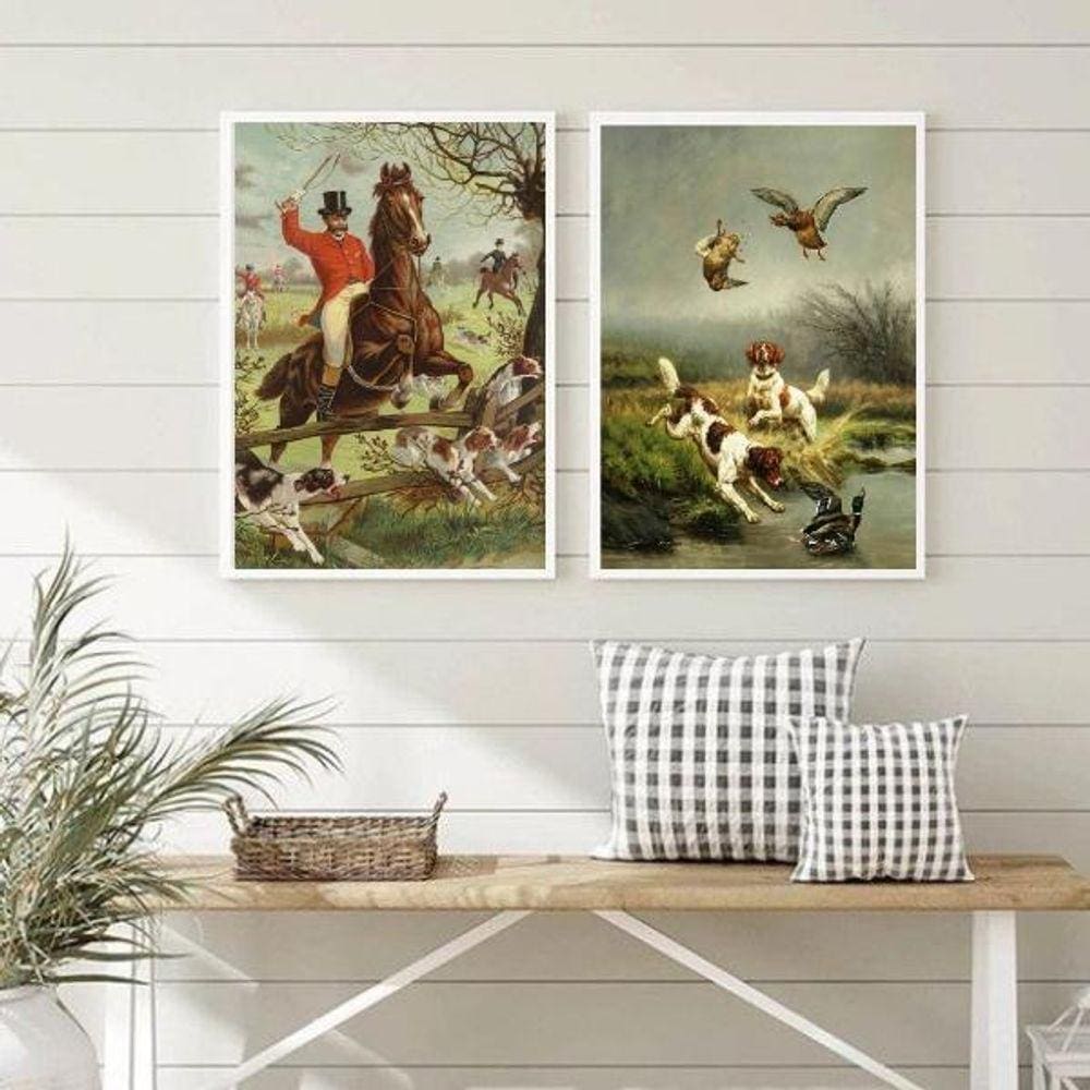 Kit 2 Quadros Decorativos Vintage Caçada Inglesa 24X18Cm