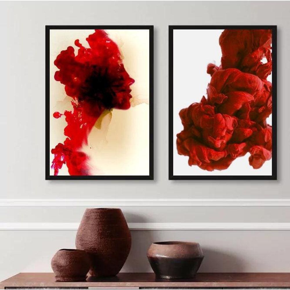 Kit 2 Quadros Abstratos Formas Mulher- Vermelho 45X34Cm
