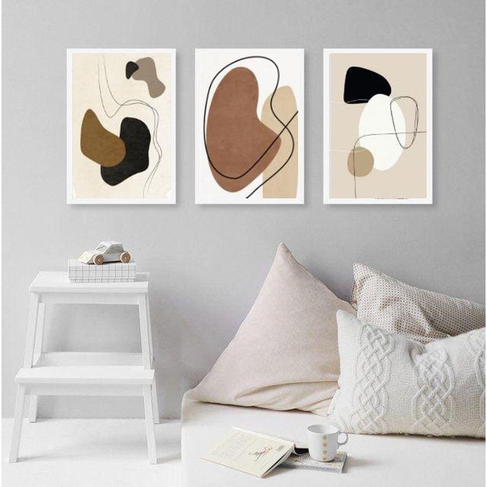 Kit 3 Quadros Sala Arte Abstrata- Cinza Marrom Preto 33X24Cm