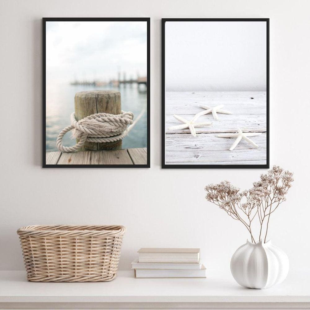 Kit 2 Quadros Praia Branco- Corda E Estrela Do Mar 33X24Cm