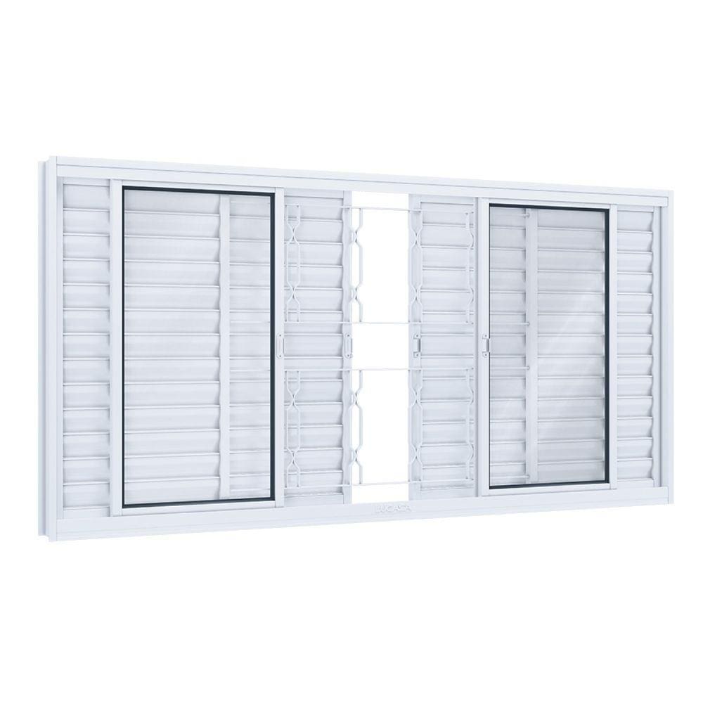 Janela de Correr Aço 6 Folhas Veneziana com Grade Mosaico e Vidro Abertura Central 100cmx150cm Lucasa Branco