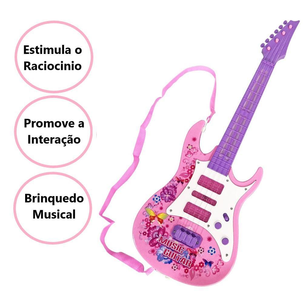 Guitarra Brinquedo Infantil Elétrica Luz E Som Musica Rosa