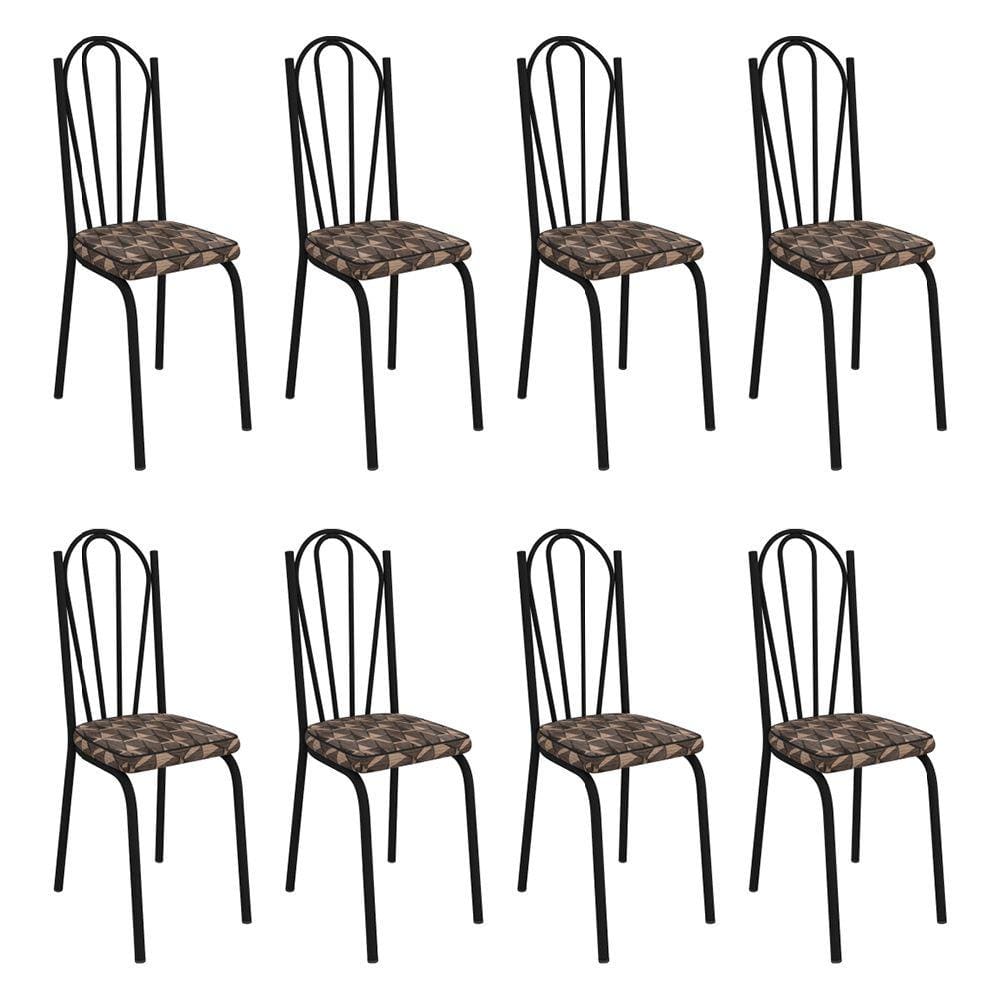 Kit 8 Cadeiras de Cozinha Alabama Estampado Mosaico Palha Pés de Ferro Preto - Pallazio