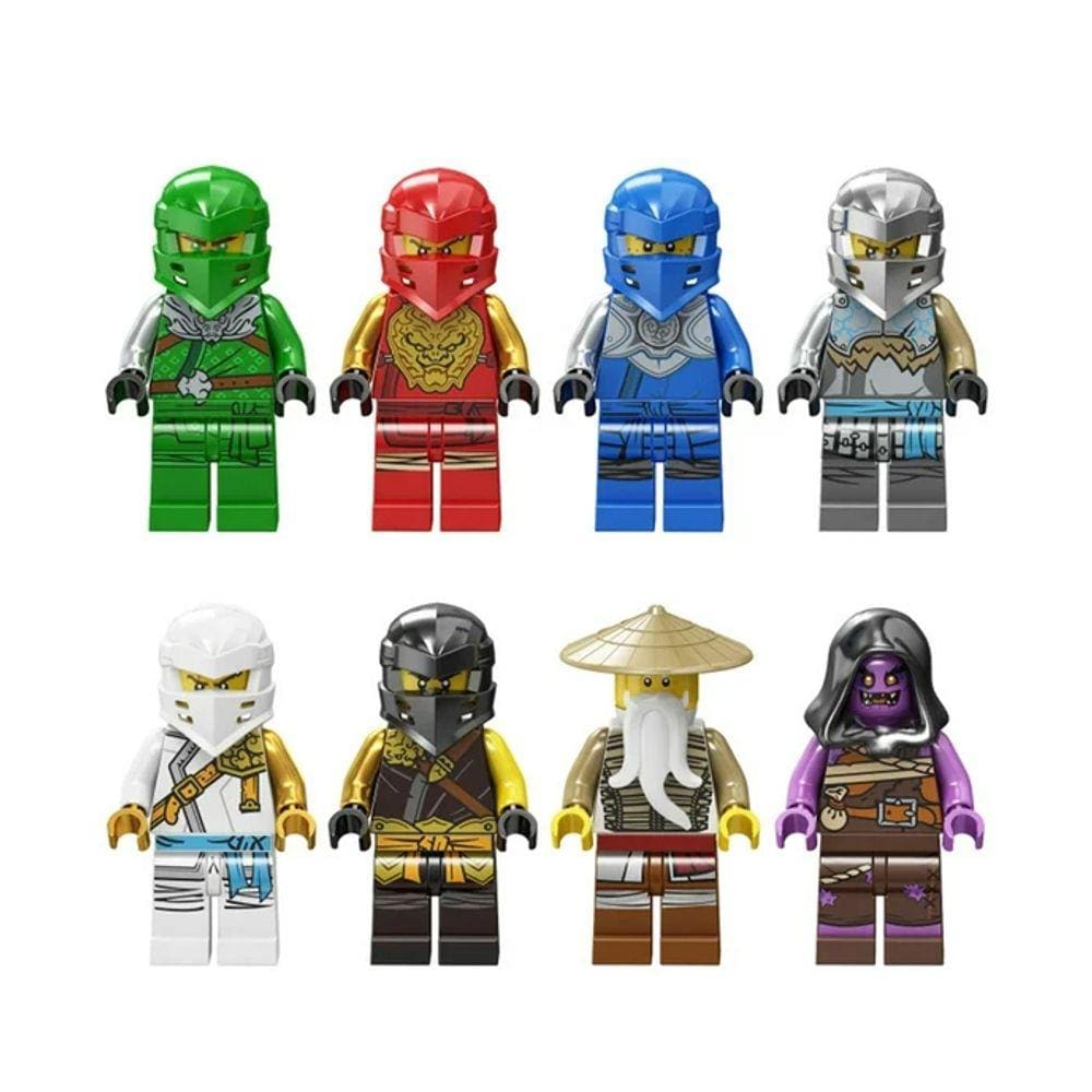 Kit 8 Bonecos Ninjago Mestre Wu Jay Kai Lloyd Snake Blocos De Montar