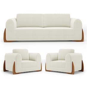 Kit 02 Poltronas e 01 Sofá Bloom 200cm 03 Lugares com Pés de Madeira Bouclê Off White - Desk Design
