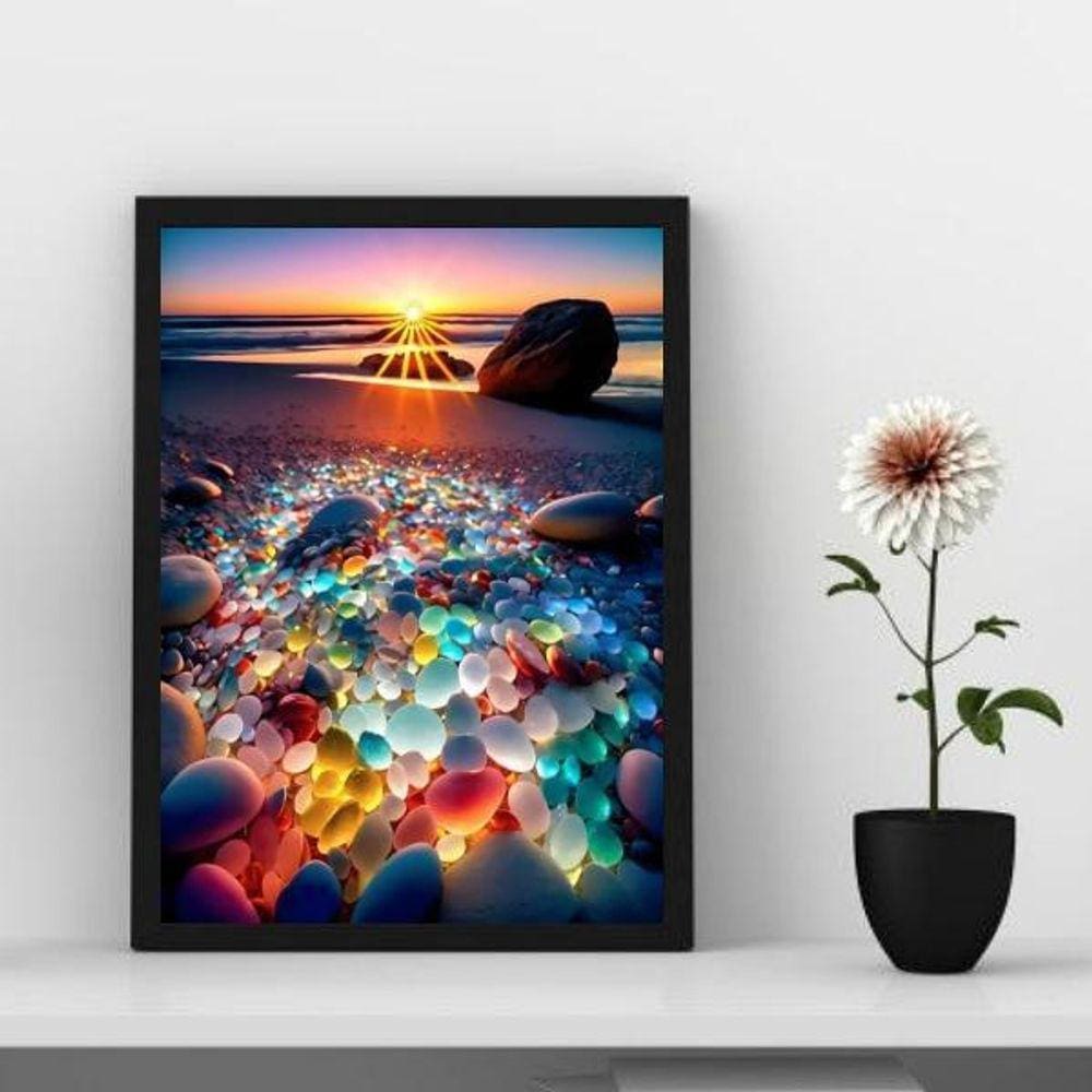 Quadro Decorativo Pedras Coloridas Praia Por Do Sol 24X18Cm