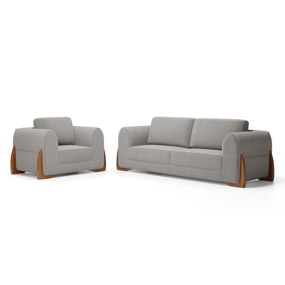 Kit Poltrona e Sofá Bloom 160cm 02 Lugares com Pés de Madeira Bouclê Cinza - Desk Design