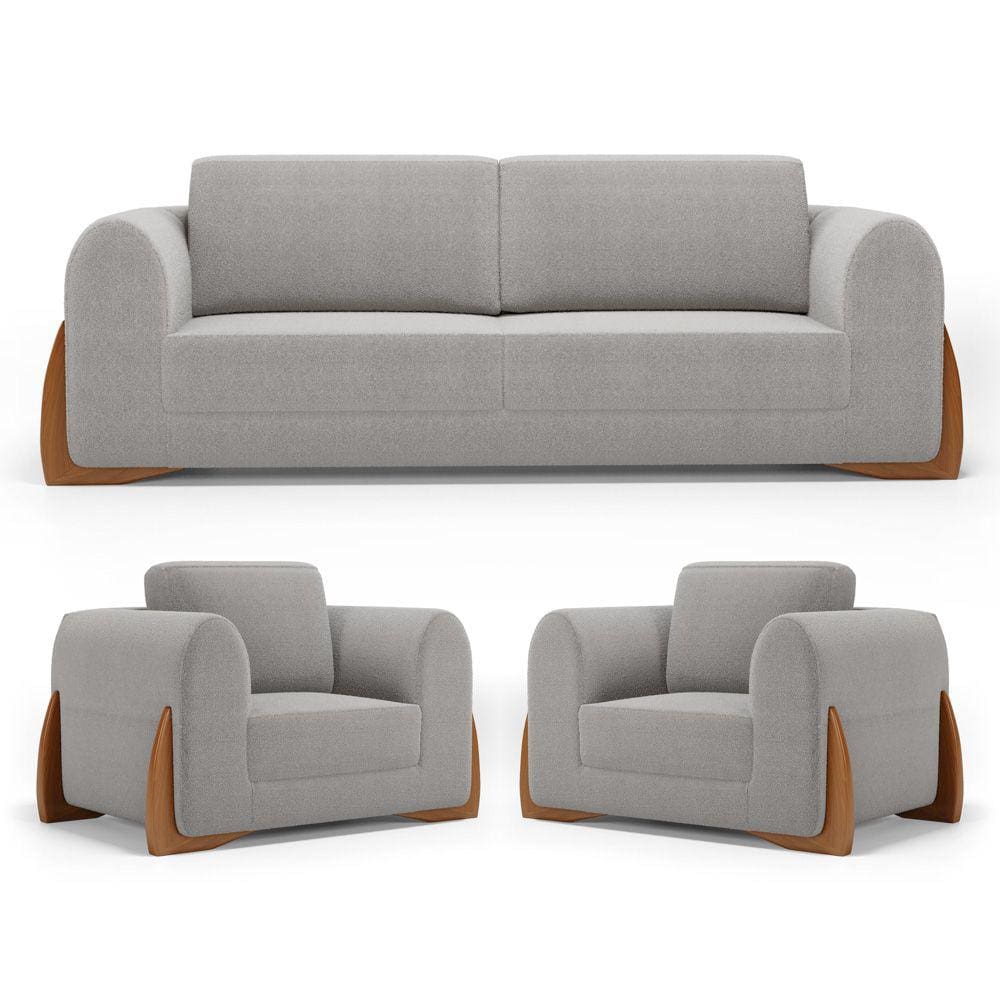 Kit 02 Poltronas e 01 Sofá Bloom 160cm 02 Lugares com Pés de Madeira Bouclê Cinza - Desk Design